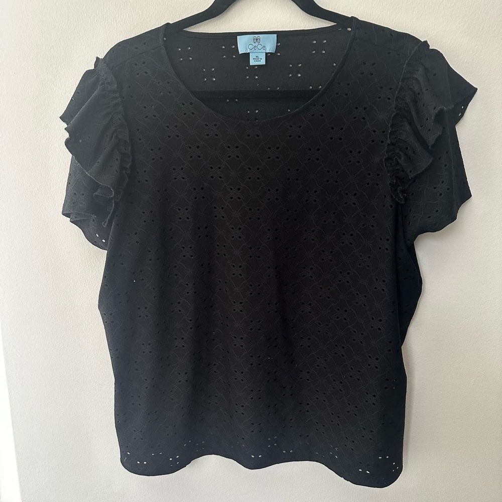 NWOT. Never Worn. Cece XL Black Eyelet Ruffle Sleeve Top